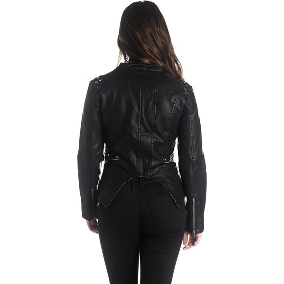 Women's Faux Leather Moto Biker Jacket Long Sleeves with Pockets Jk44169 Black - Picture 5 of 6